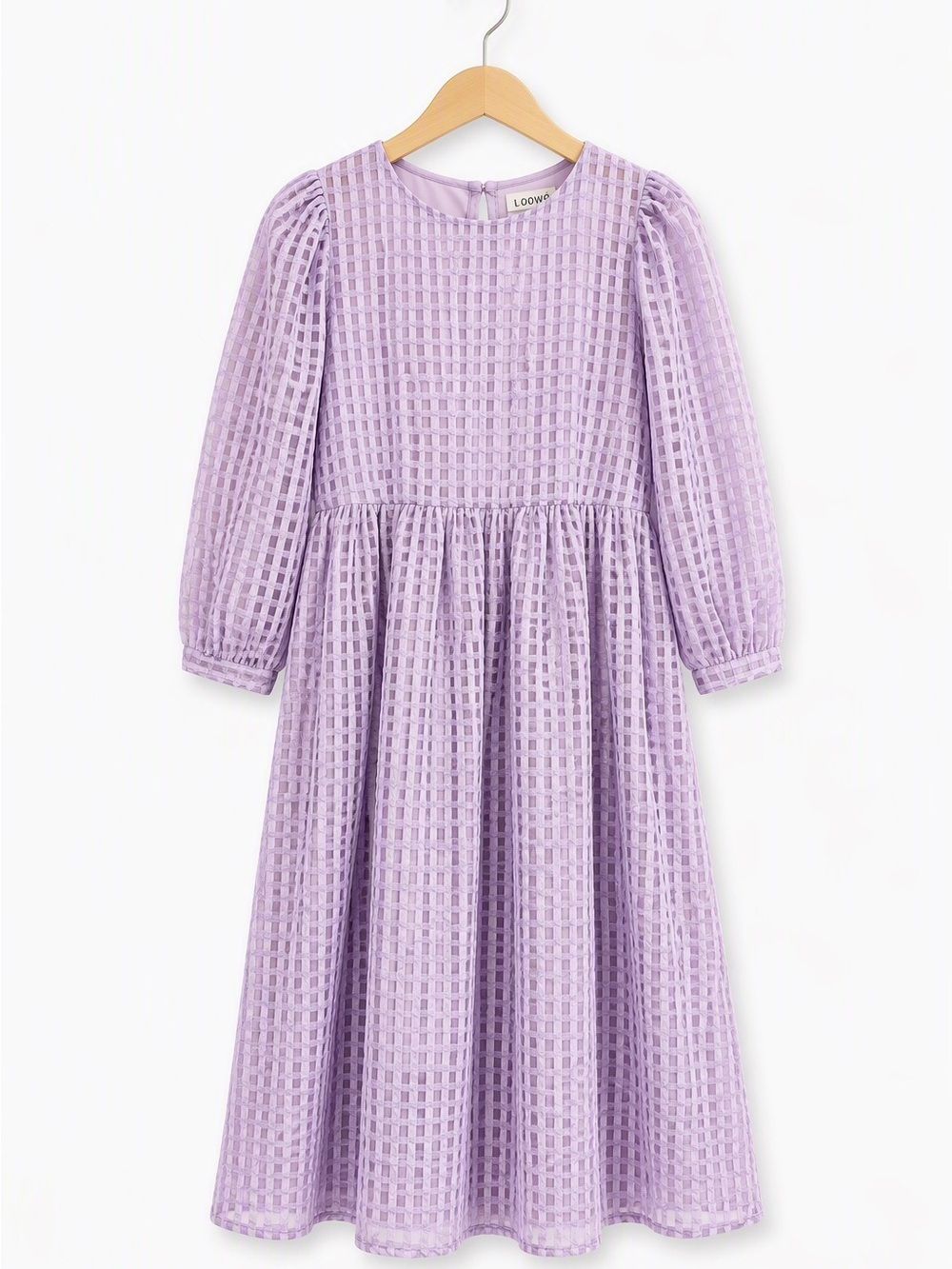 LOOWÔ Mauve Grid Gingham Textured Puff Sleeve Midi Dress M Cottagecore